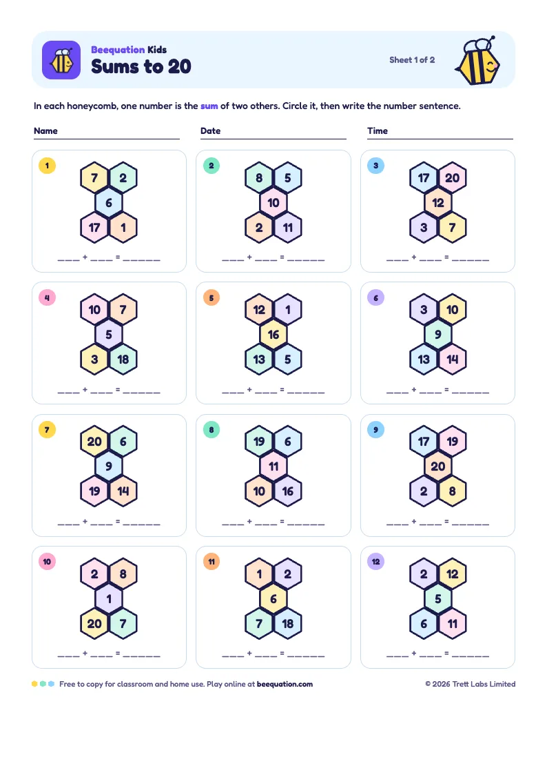 Primera página del pack de retos de Beequation Kids: doce panales de colores con Indie la abeja y espacio para escribir la operación
