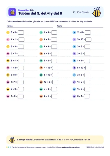 Vista previa de la ficha «Tablas del 3, del 4 y del 8»